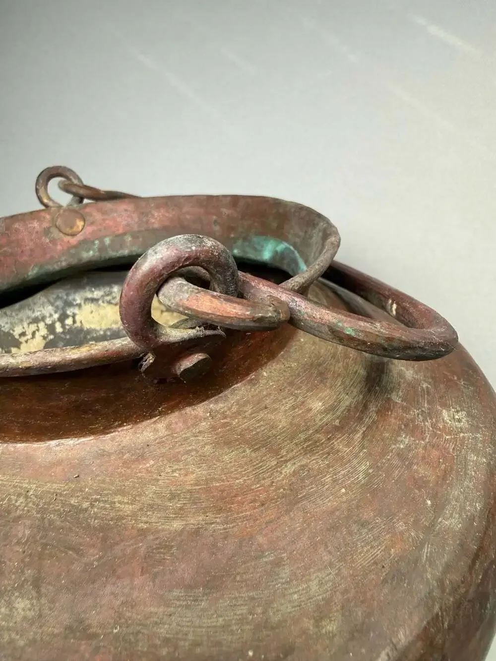 Antique Hand Hammered Copper Pot Cauldron Bail Handle Verdigris Patina Primitive